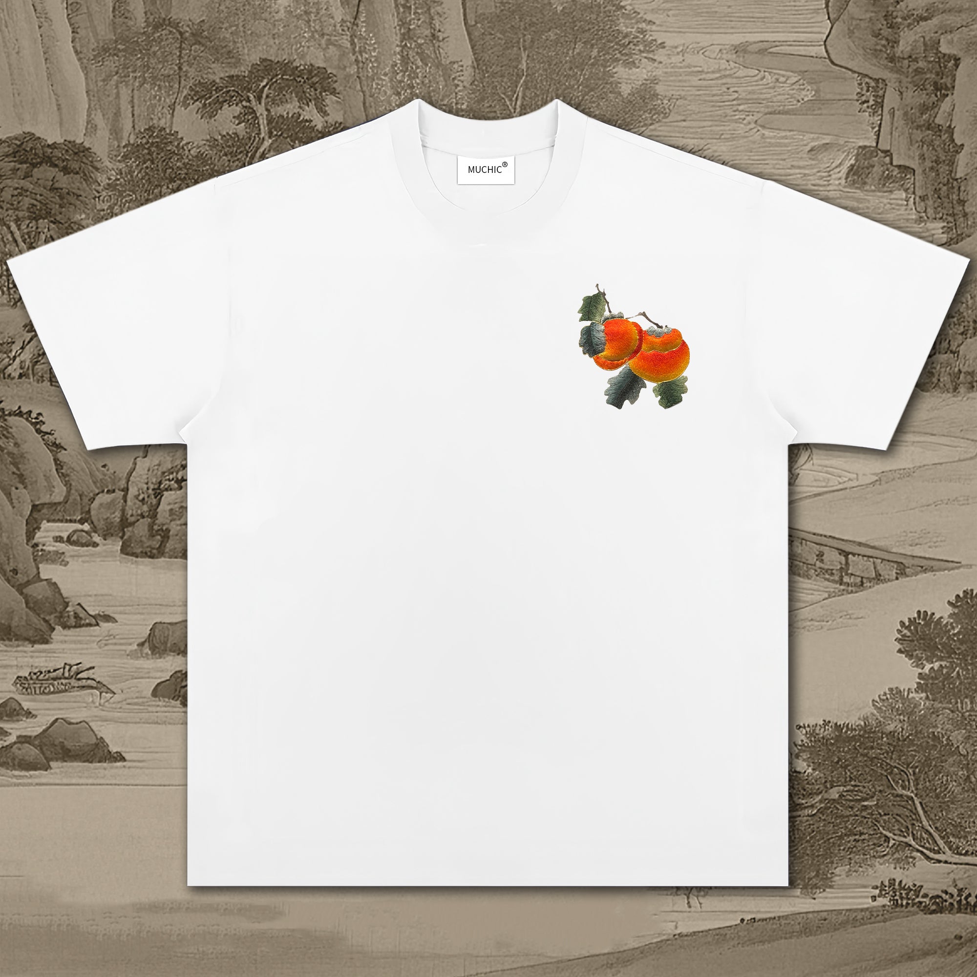 Unisex T-shirt with embroidered intangible cultural heritage persimmon pattern (hand-embroidered)(duty free)