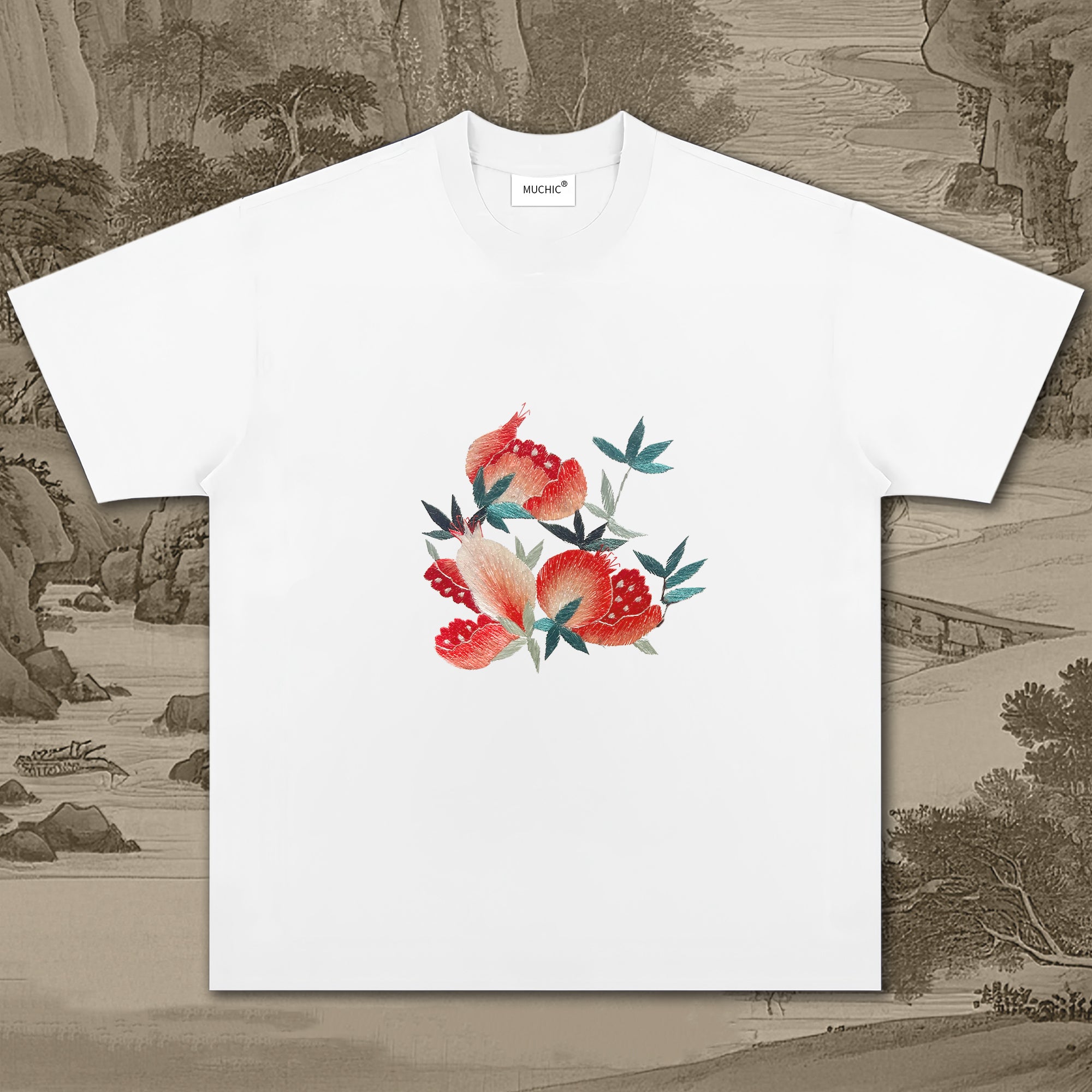 Unisex Intangible Cultural Heritage Three Flowers Embroidery Printed T-shirt (hand-embroidered)(duty free)