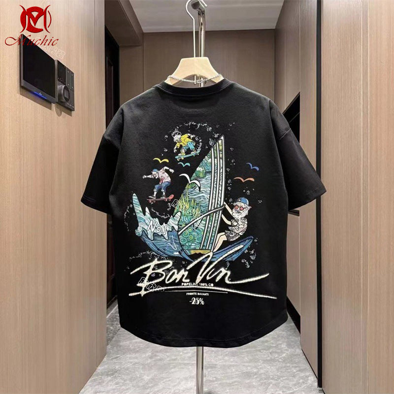 Unisex cartoon "sailboat" fun graphic print crew neck T-shirt(duty free)