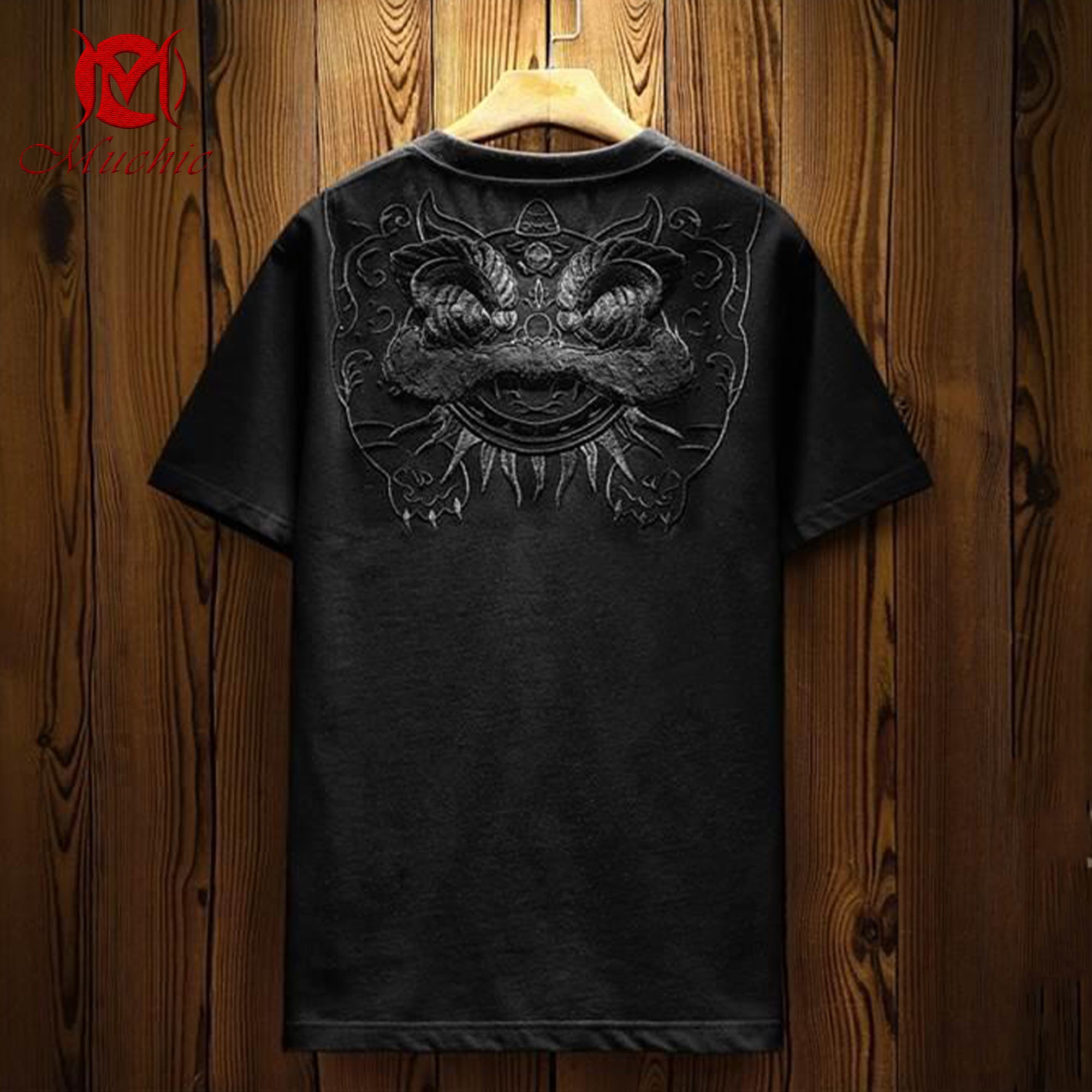 Unisex Intangible Cultural Heritage Lion Dance Embroidery T-shirt(Hand Embroidered) (Duty Free)