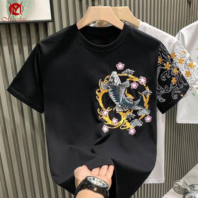 Unisex Intangible Cultural Heritage Koi Carp Embroidery T-shirt(Hand Embroidered) (Duty Free)