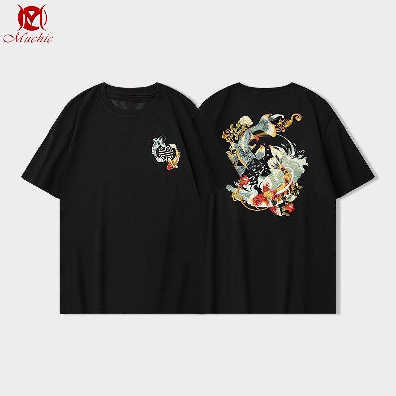 Unisex Intangible Cultural Heritage Koi Carp Embroidery T-shirt(Hand Embroidered) (Duty Free)