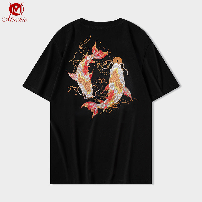 Unisex Intangible Cultural Heritage Koi Carp Embroidery T-shirt(Hand Embroidered) (Duty Free)