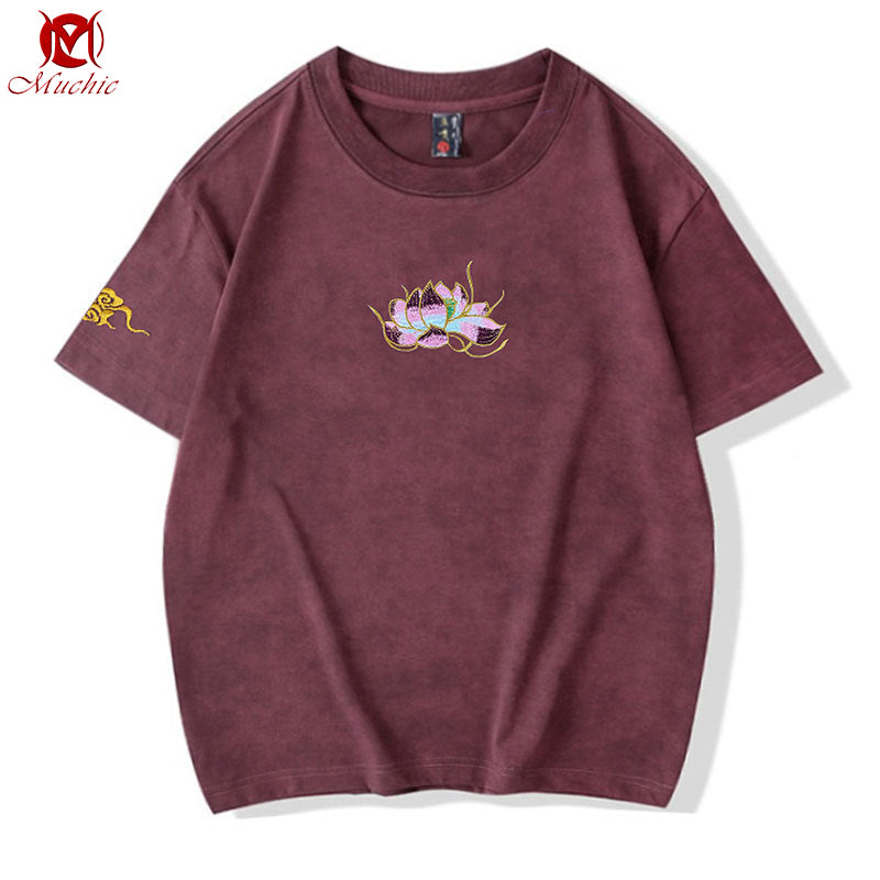 Unisex Intangible Cultural Heritage Lotus Embroidery T-shirt(Hand Embroidered) (Duty Free)