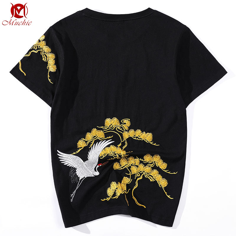 Unisex Intangible Cultural Heritage Red-Crowned Crane Embroidery T-shirt(Hand Embroidered) (Duty Free)