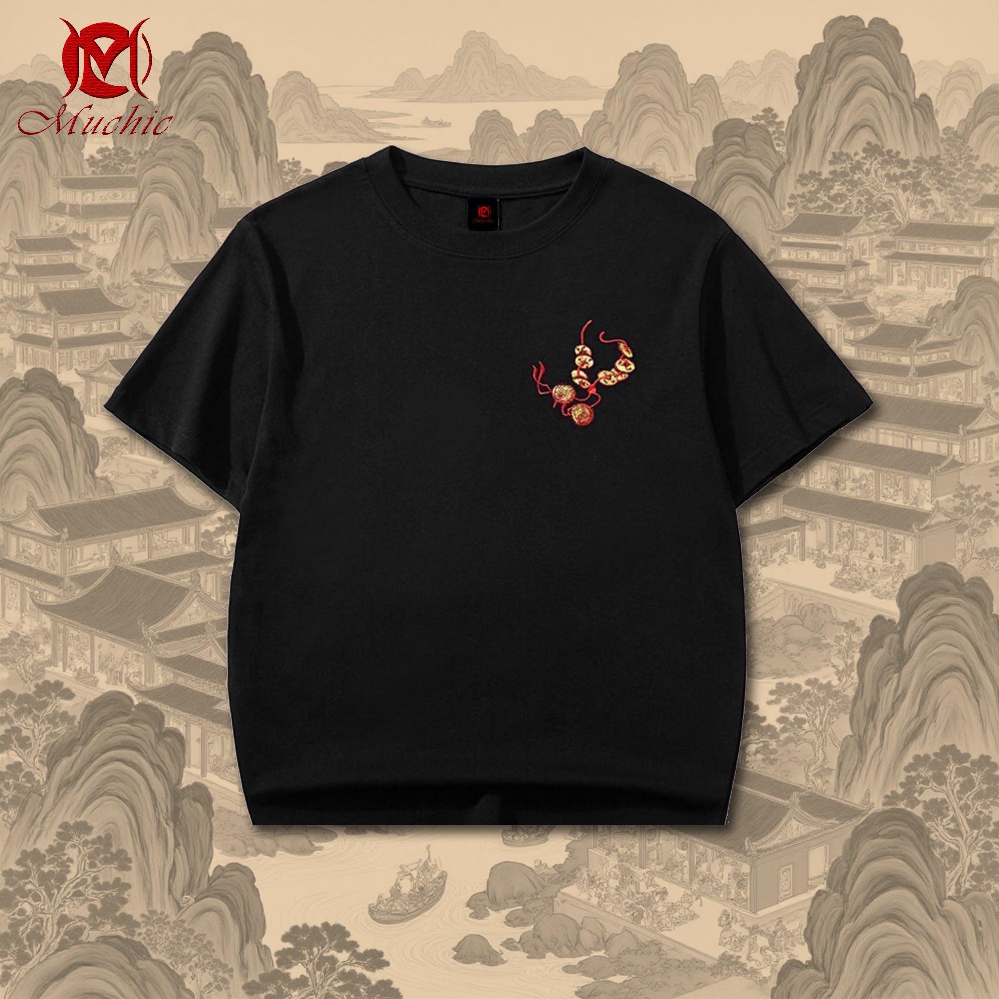 Unisex "Intangible Cultural Heritage 'Pixiu' Pattern Embroidered Printed T-shirt (Hand Embroidered)"(duty free)