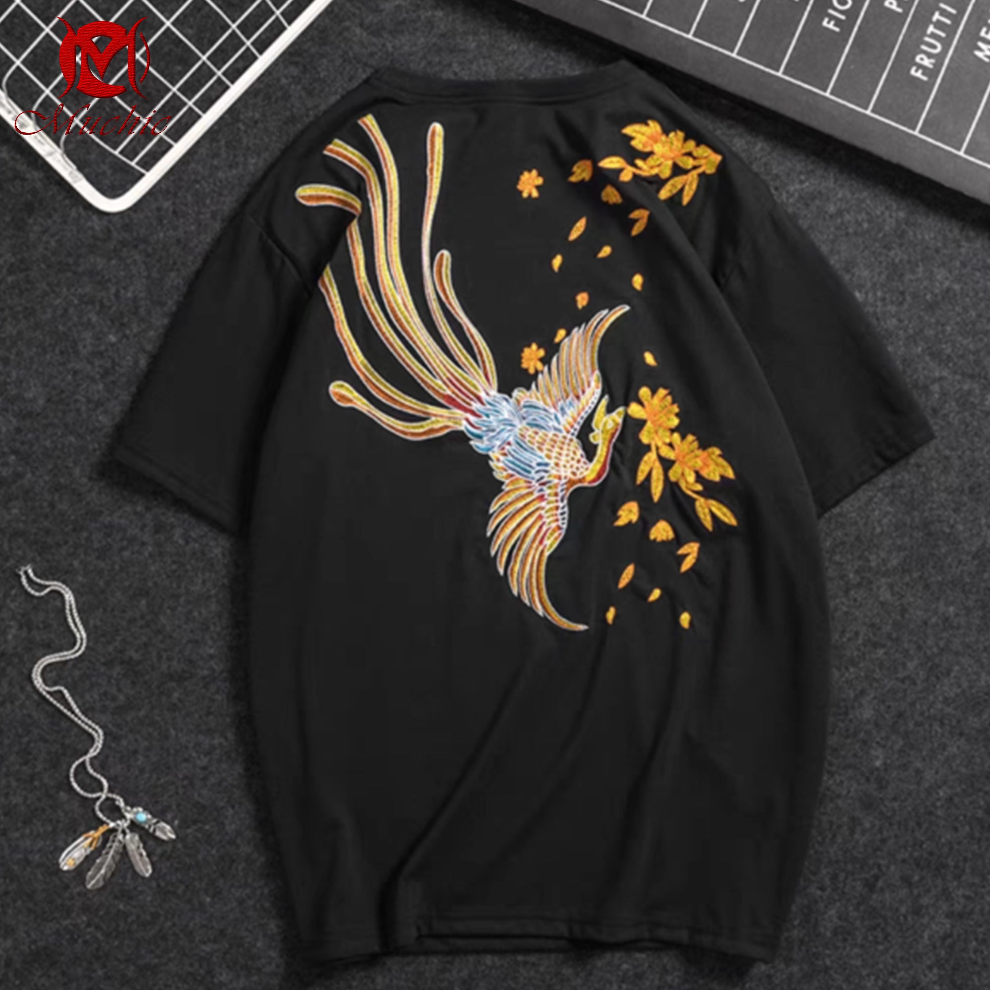 Unisex Intangible Cultural Heritage Phoenix Embroidered T-shirt(Hand Embroidery) (Duty Free)