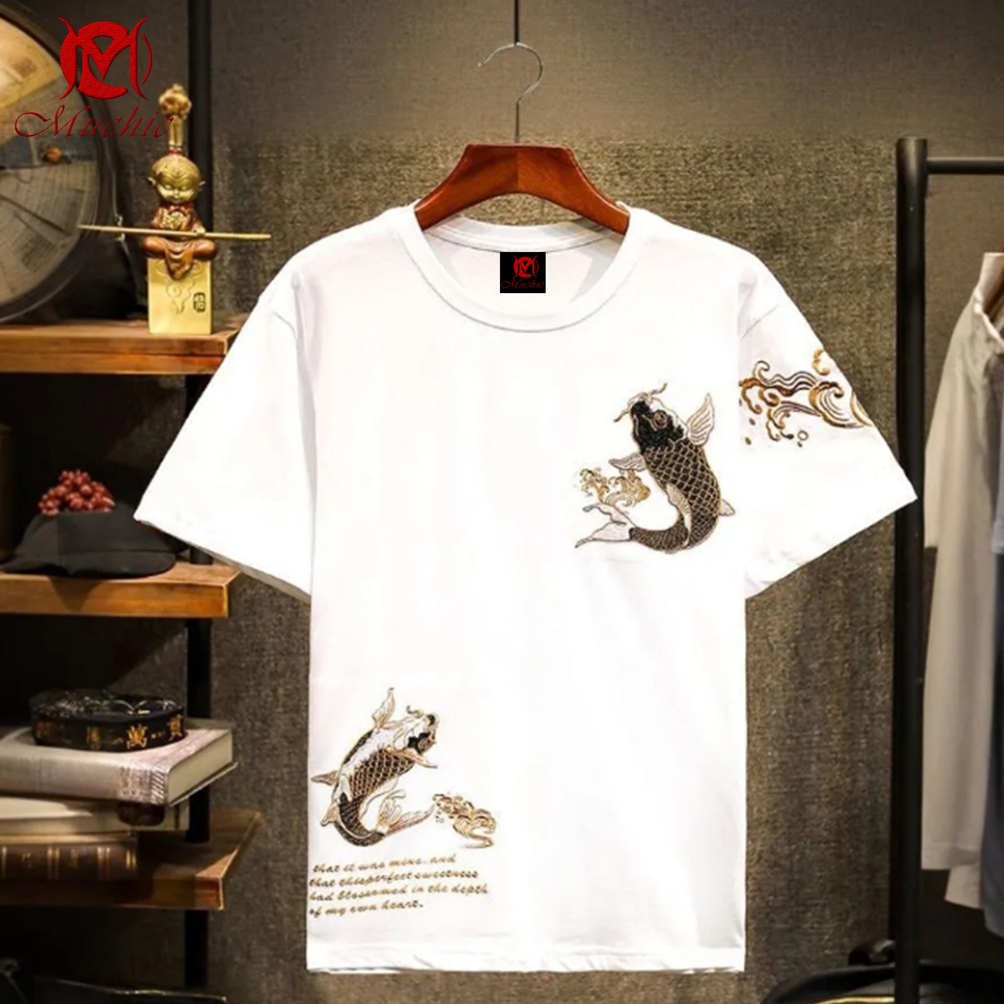 Unisex Intangible Cultural Heritage Twin Koi Embroidery T-shirt (Hand Embroidery) (Duty Free)