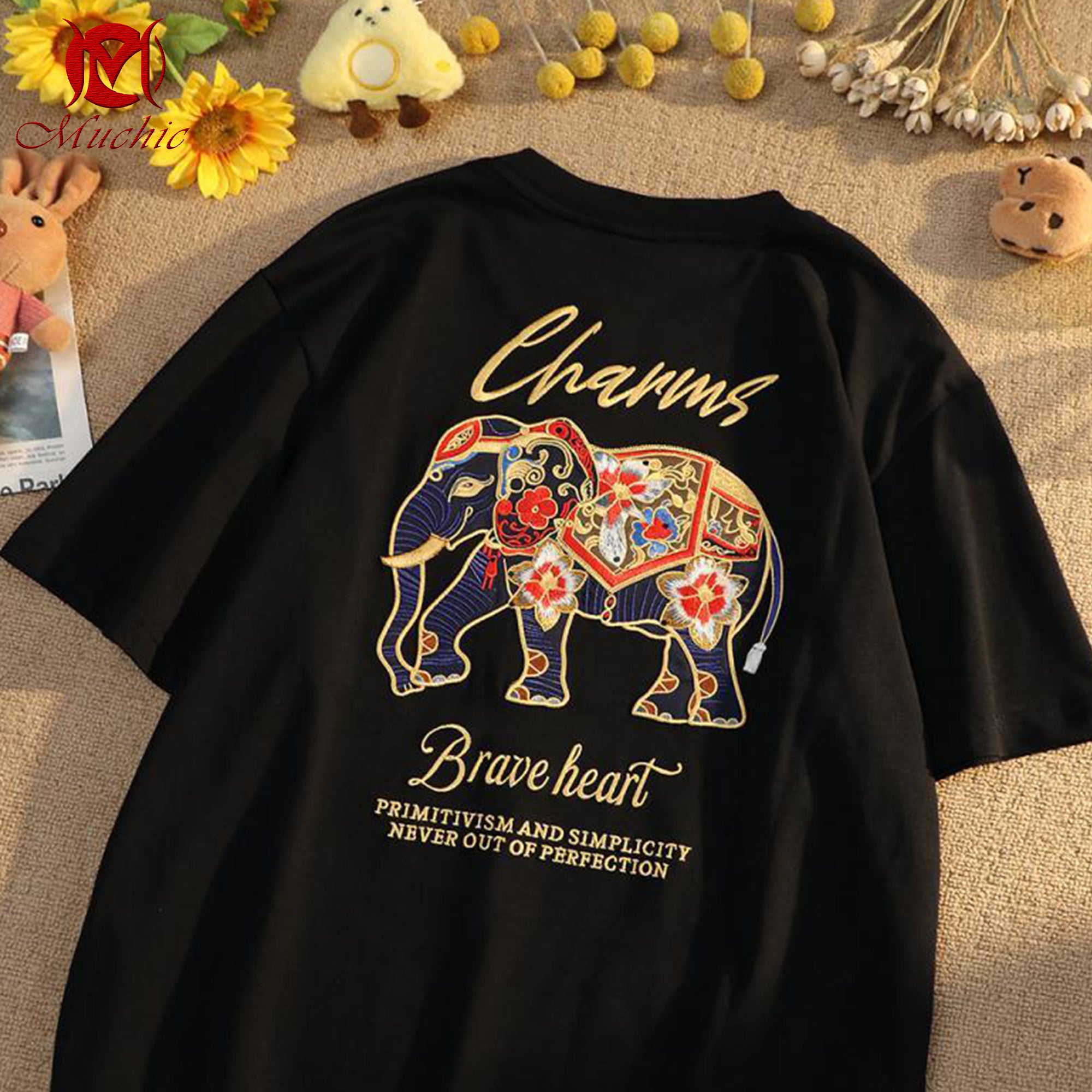 Unisex Intangible Cultural Heritage Elephant Embroidery T-shirt (Hand Embroidery) (Duty Free)