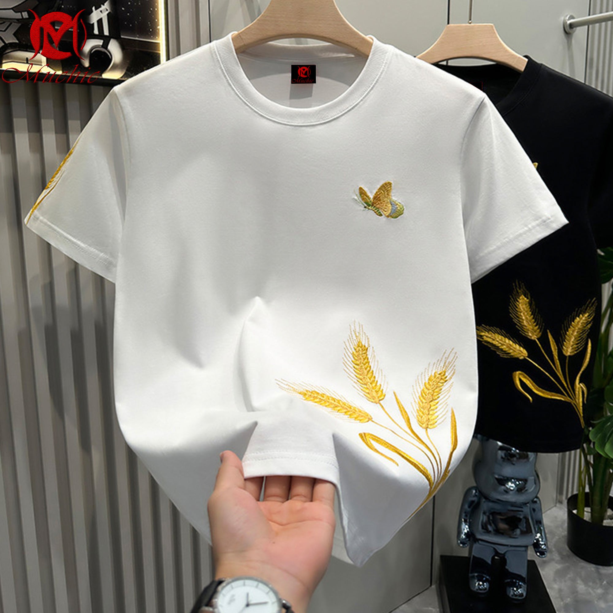 Unisex Intangible Cultural Heritage Wheat Pattern Embroidery Print T-shirt (Hand Embroidery) (Duty Free)