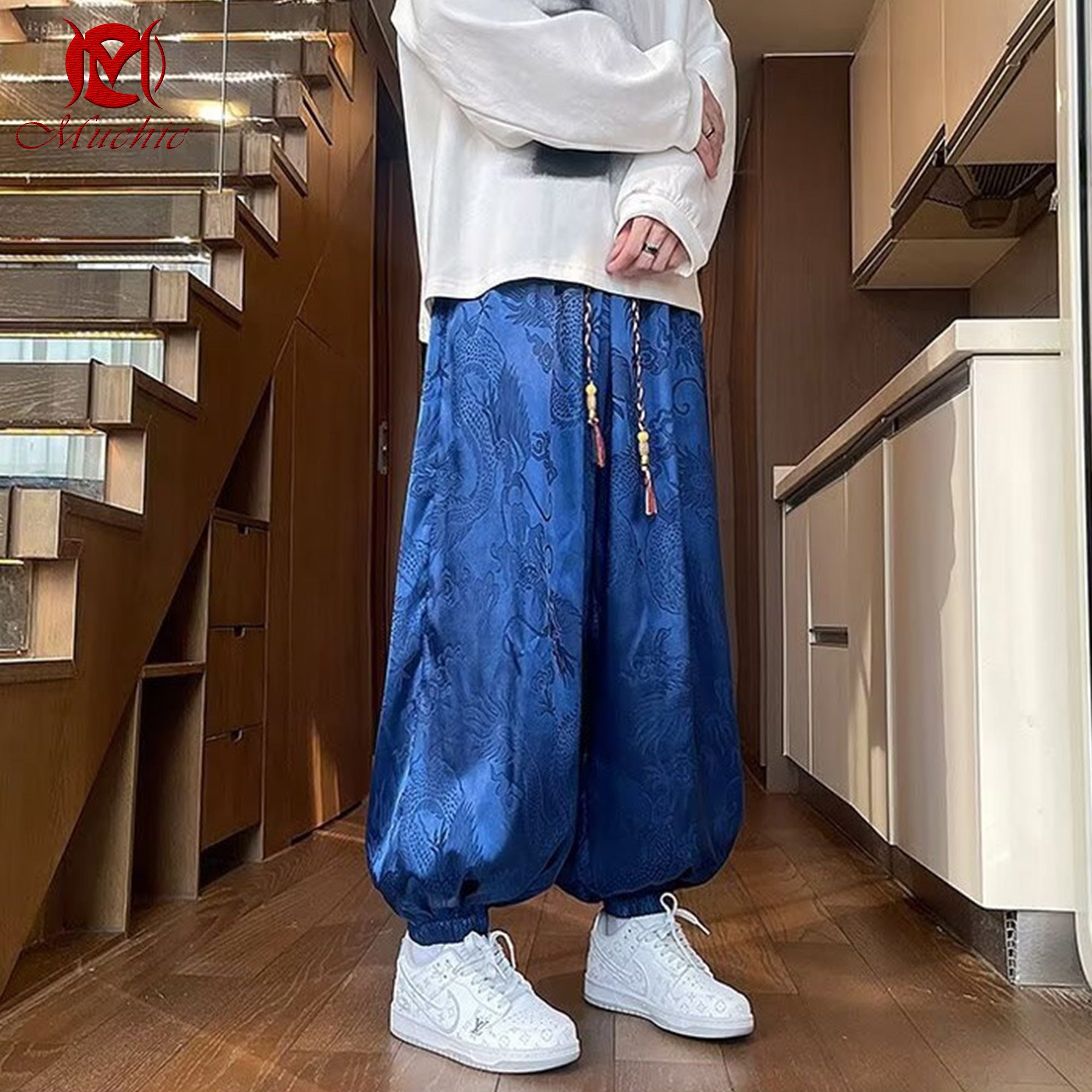 Dragon pattern casual loose trendy Chinese style lantern cuff wide-leg men's pants(Hand Embroidered) (Duty Free)