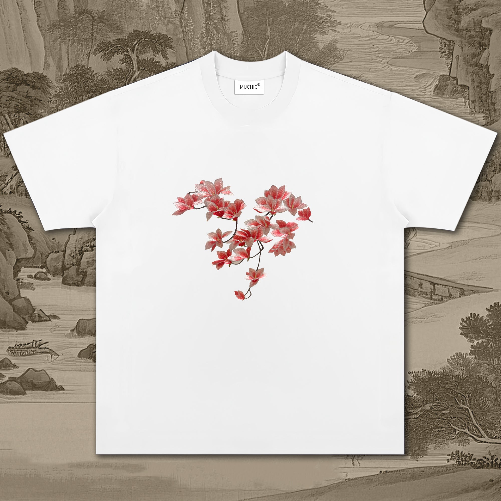 Unisex Intangible Cultural Heritage Red Flower Pattern Embroidered T-shirt(hand embroidery)(duty free)