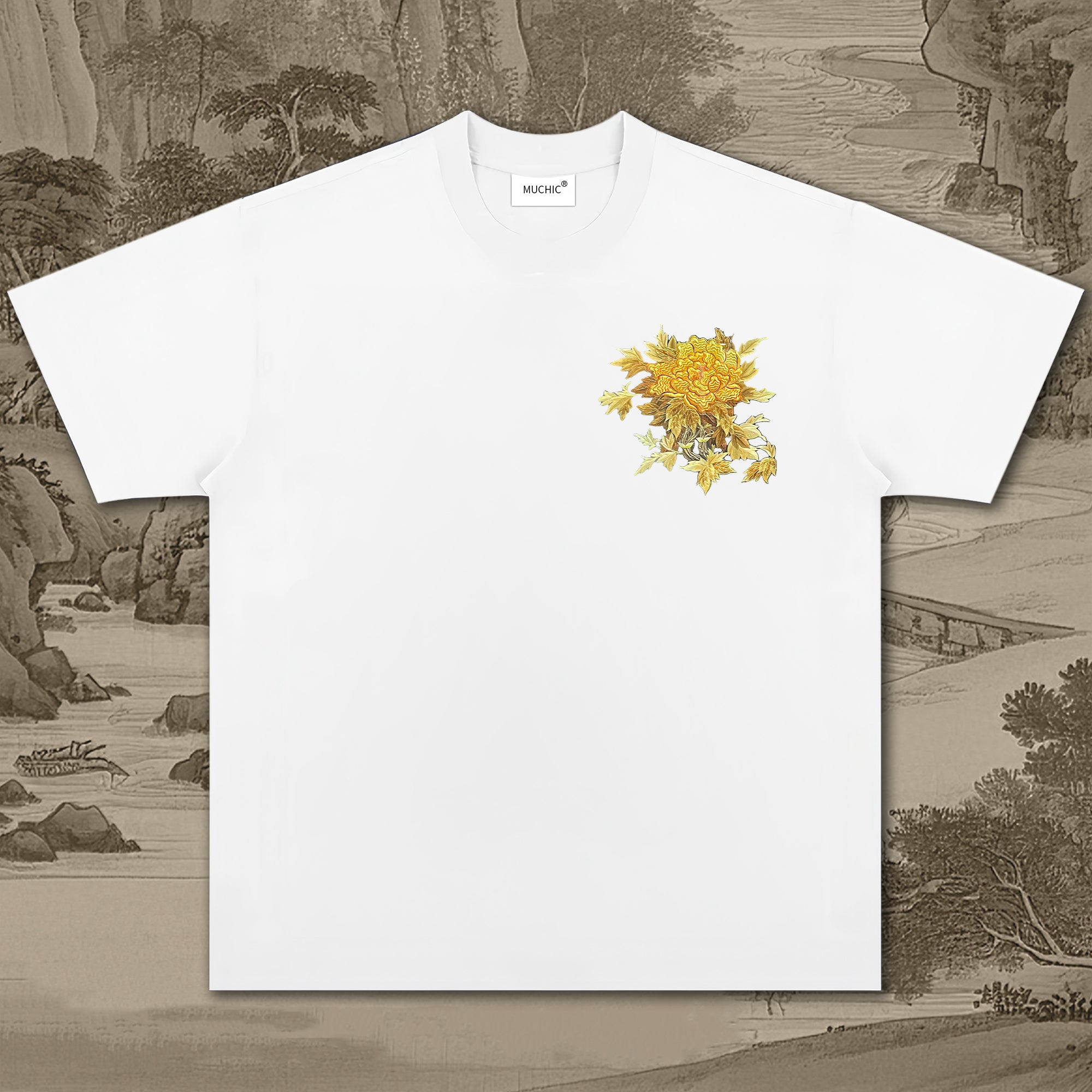 Unisex T-shirt with embroidered intangible cultural heritage gold flower pattern (hand embroidery)(duty free)