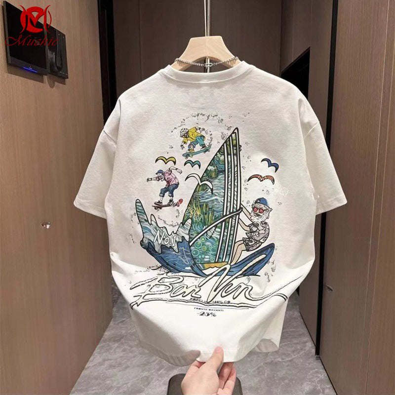 Unisex cartoon "sailboat" fun graphic print crew neck T-shirt(duty free)