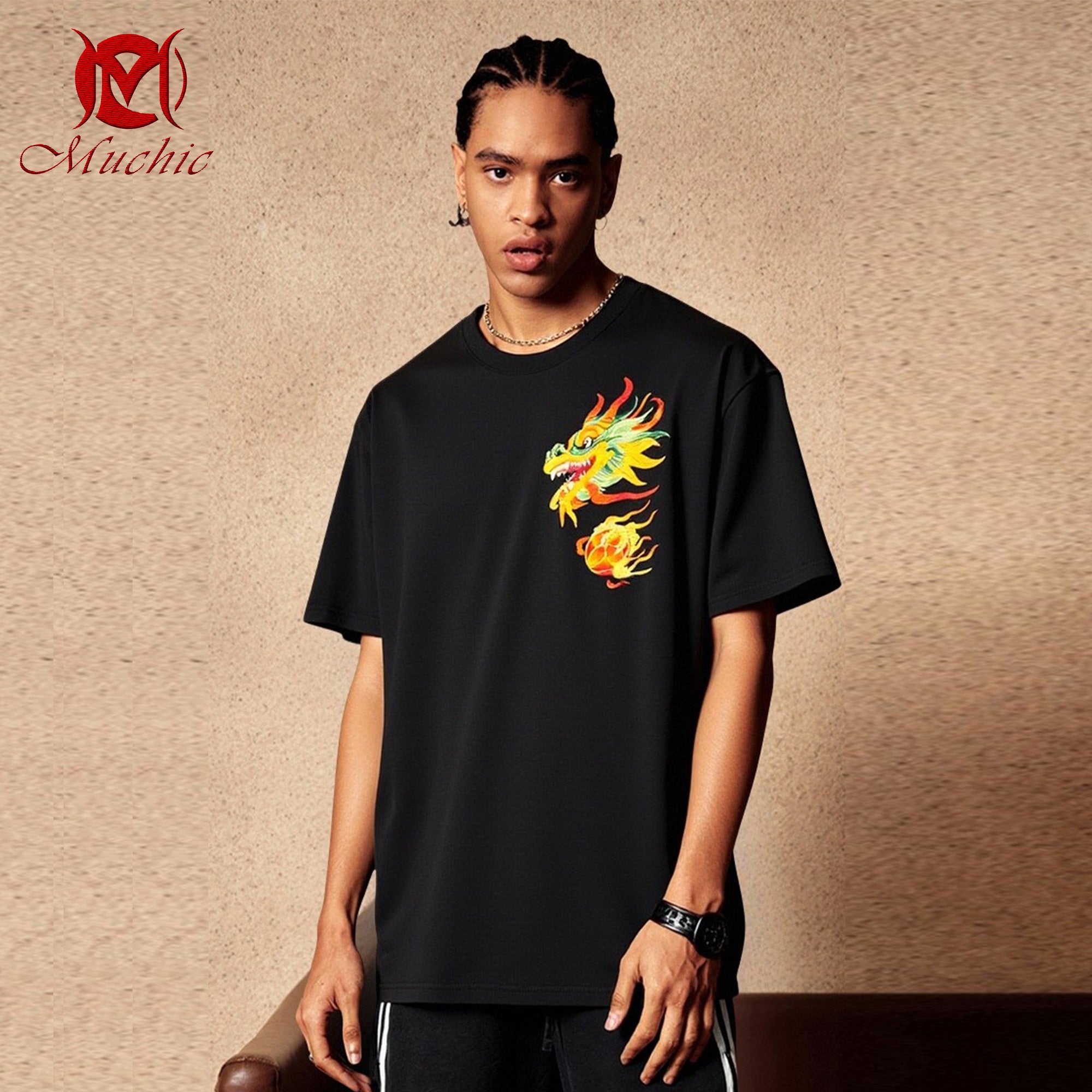 Unisex Intangible Cultural Heritage Dragon Head Embroidered T-shirt(Hand Embroidered) (Duty Free)