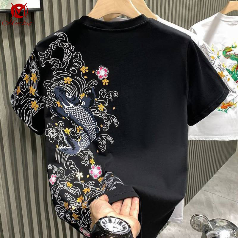 Unisex Intangible Cultural Heritage Koi Carp Embroidery T-shirt(Hand Embroidered) (Duty Free)