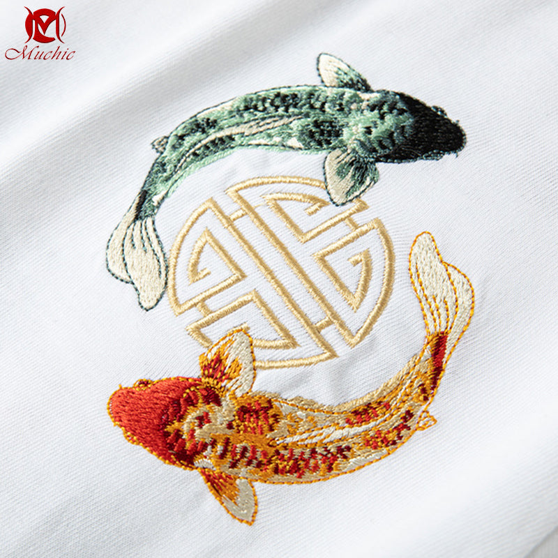 Unisex Intangible Cultural Heritage Koi Carp Embroidery T-shirt(Hand Embroidered) (Duty Free)