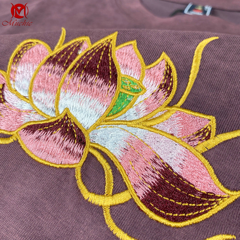 Unisex Intangible Cultural Heritage Lotus Embroidery T-shirt(Hand Embroidered) (Duty Free)
