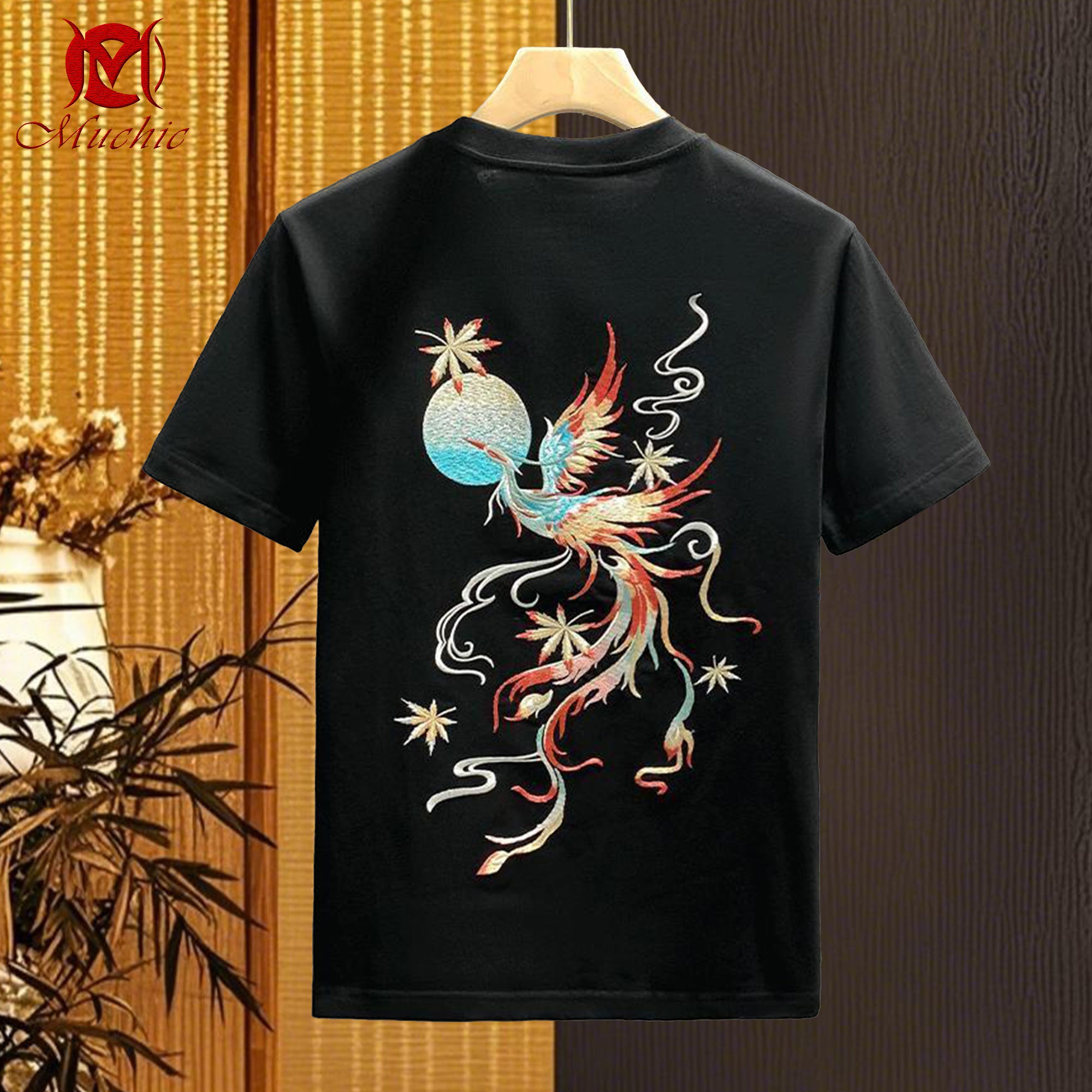 Unisex "Intangible Cultural Heritage Phoenix Flying to the Sun" embroidered T-shirt (Hand Embroidered)(duty free)