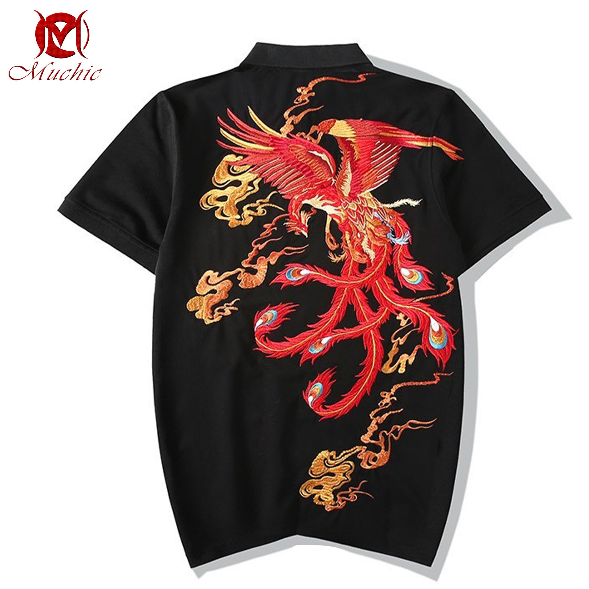 Unisex Intangible Cultural Heritage Fire Phoenix Pattern Embroidered T-shirt (Hand Embroidery) (Duty Free)