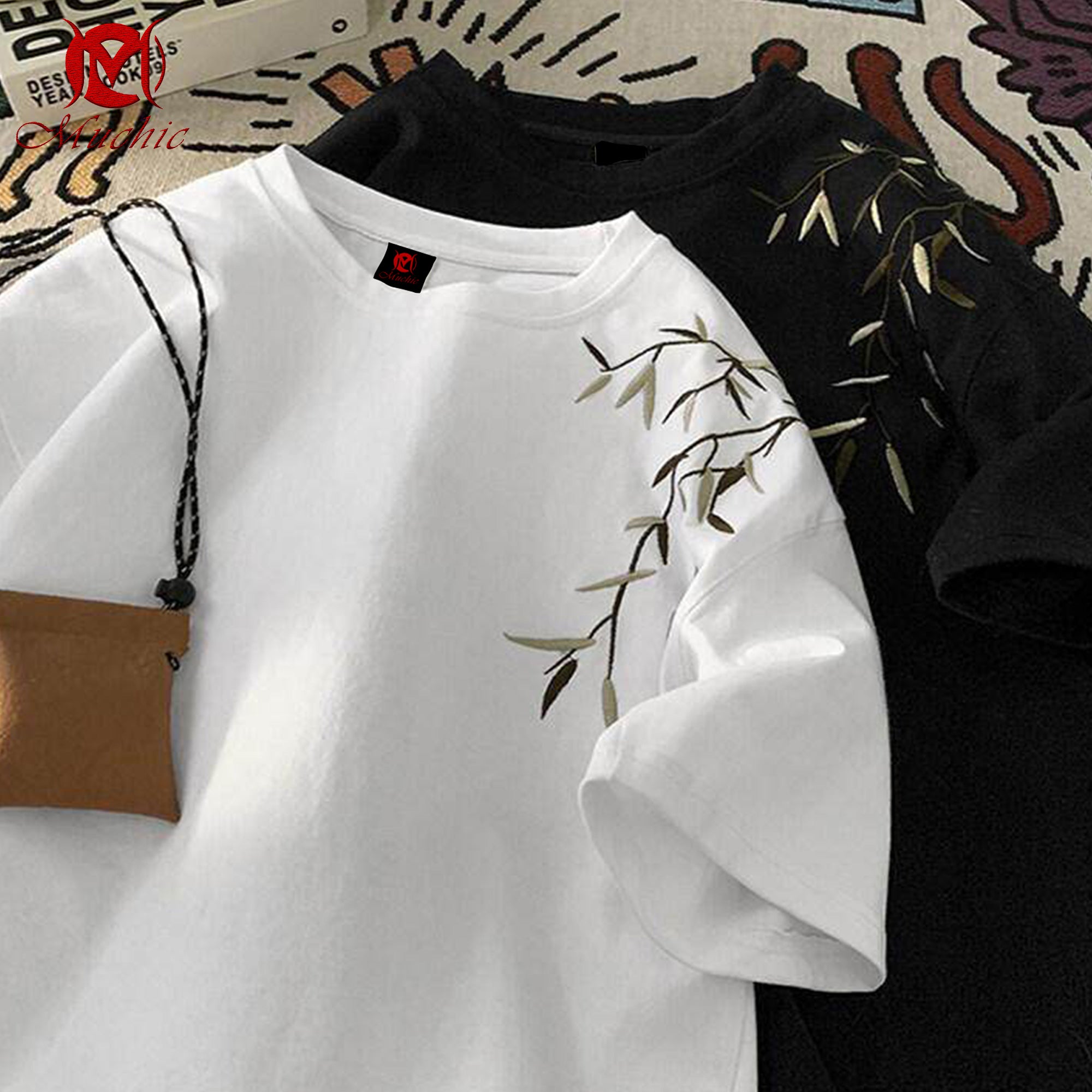 Unisex Intangible Cultural Heritage Bamboo Leaf Embroidery T-shirt (Hand Embroidery) (Duty Free)