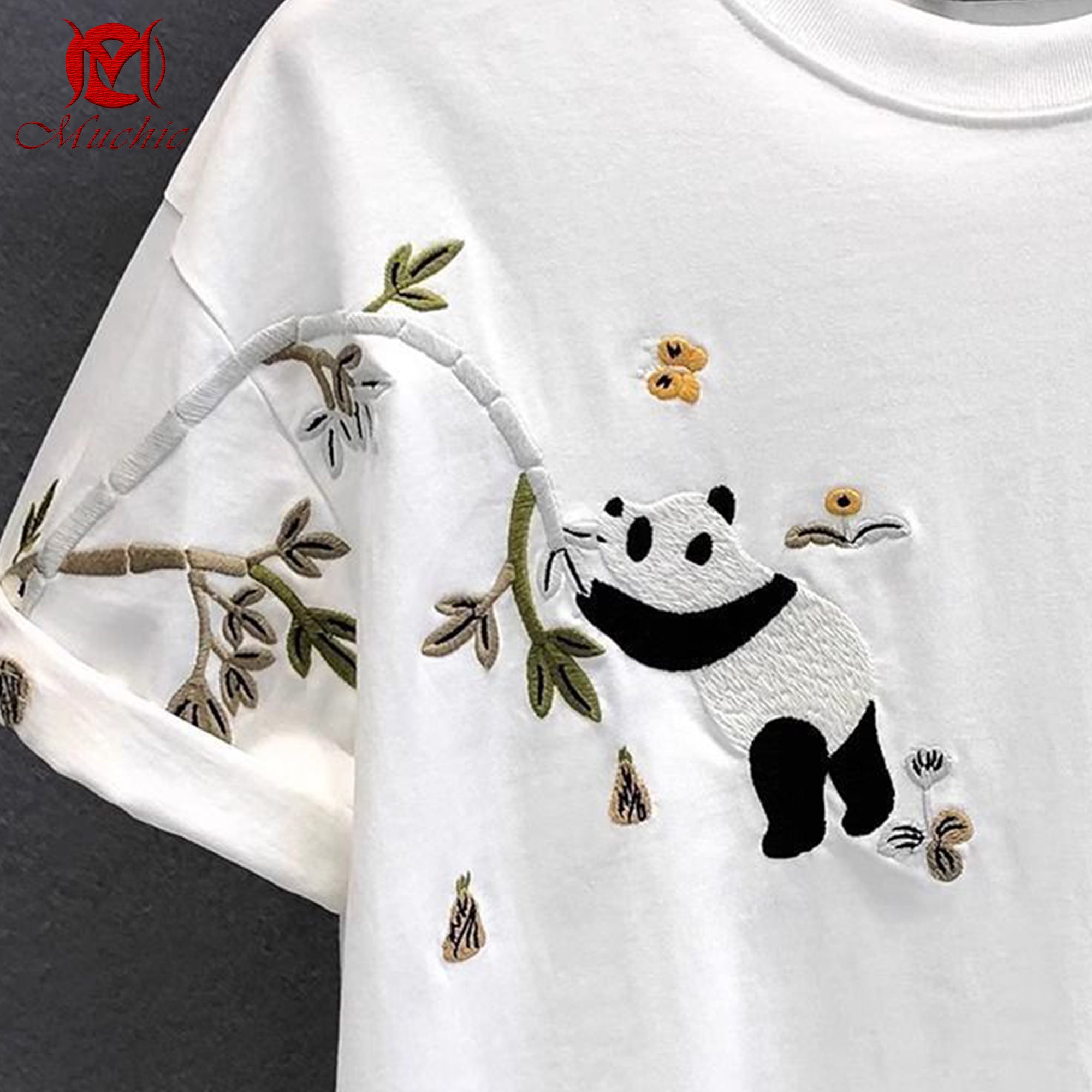 Unisex Intangible Cultural Heritage Panda Bamboo Leaf Embroidery T-shirt (Hand Embroidery) (Duty Free)