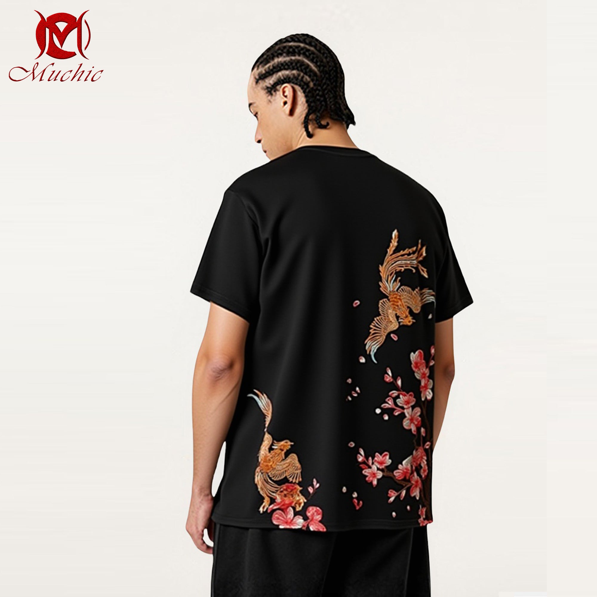 Unisex Intangible Cultural Heritage Double Phoenix Plum Blossom Embroidered T-shirt (Hand-embroidered) (Duty Free)