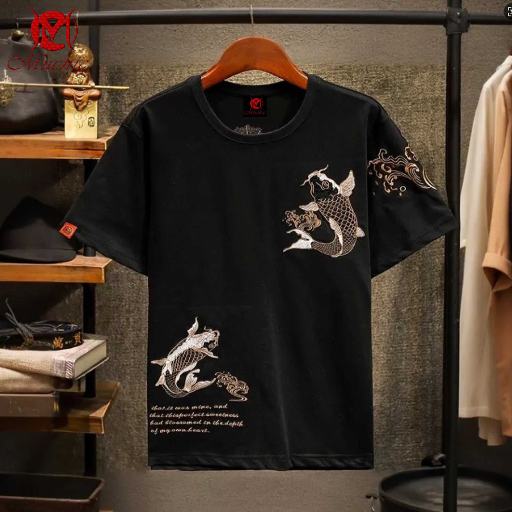 Unisex Intangible Cultural Heritage Twin Koi Embroidery T-shirt (Hand Embroidery) (Duty Free)