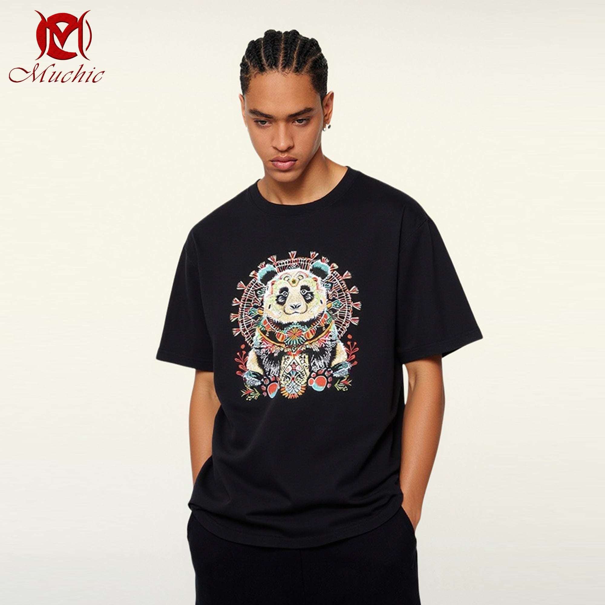 Unisex Intangible Cultural Heritage Panda Embroidered T-shirt (Hand Embroidered) (Duty Free)
