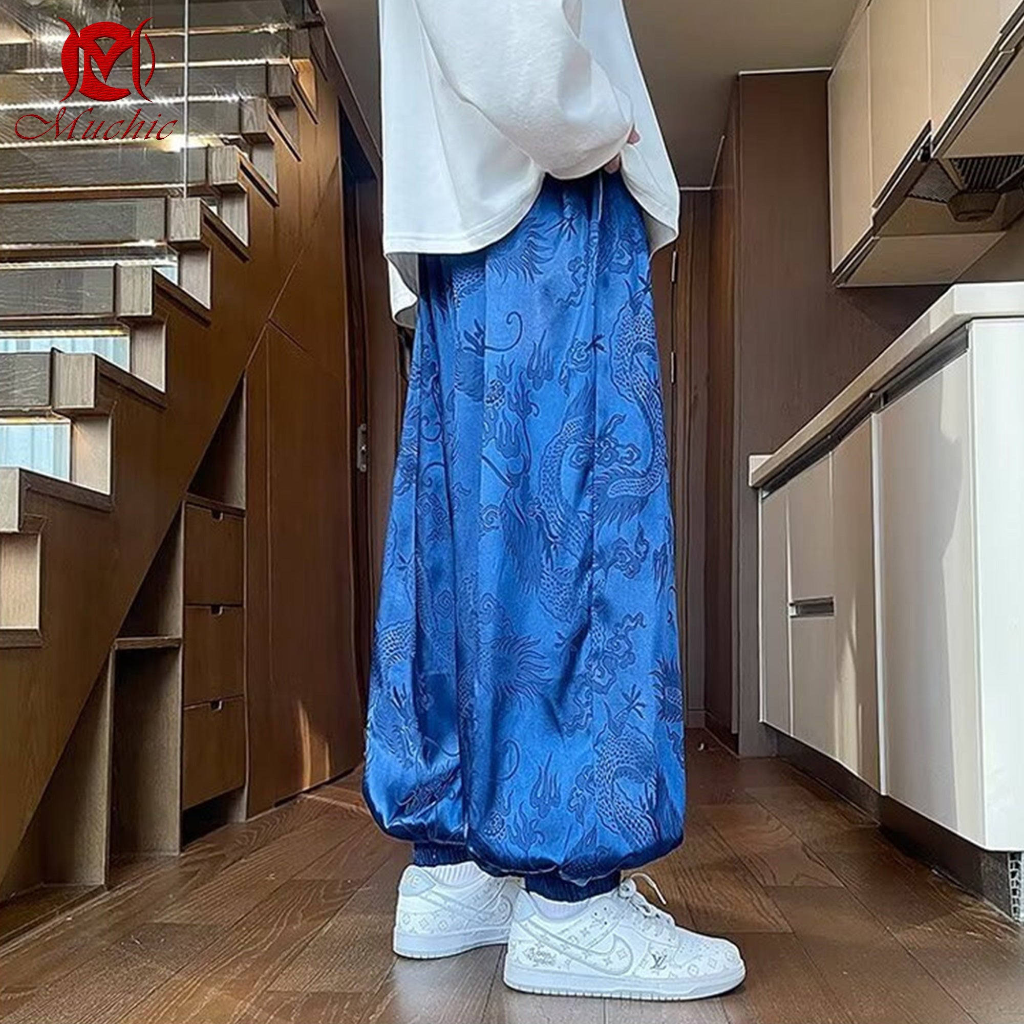 Dragon pattern casual loose trendy Chinese style lantern cuff wide-leg men's pants(Hand Embroidered) (Duty Free)