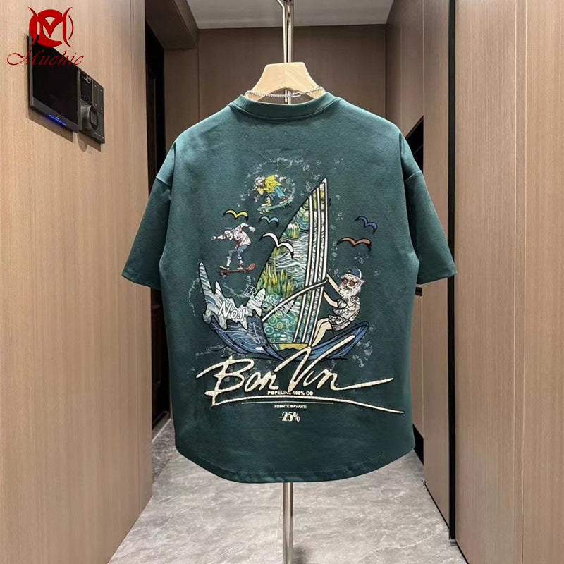 Unisex cartoon "sailboat" fun graphic print crew neck T-shirt(duty free)