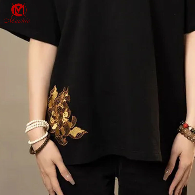 Unisex Intangible Cultural Heritage Lotus Flower Embroidery T-shirt(Hand Embroidered) (Duty Free)