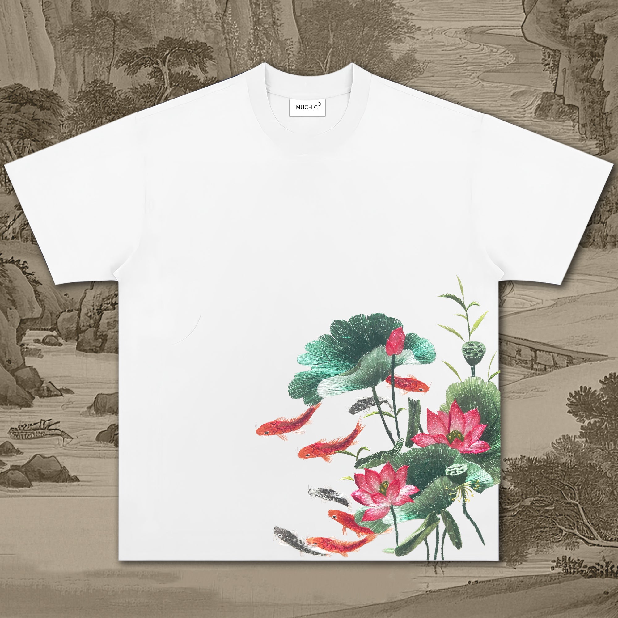 Unisex Intangible Cultural Heritage Lotus Pond Moonlight Pattern Embroidered T-shirt (hand-embroidered)(duty free)