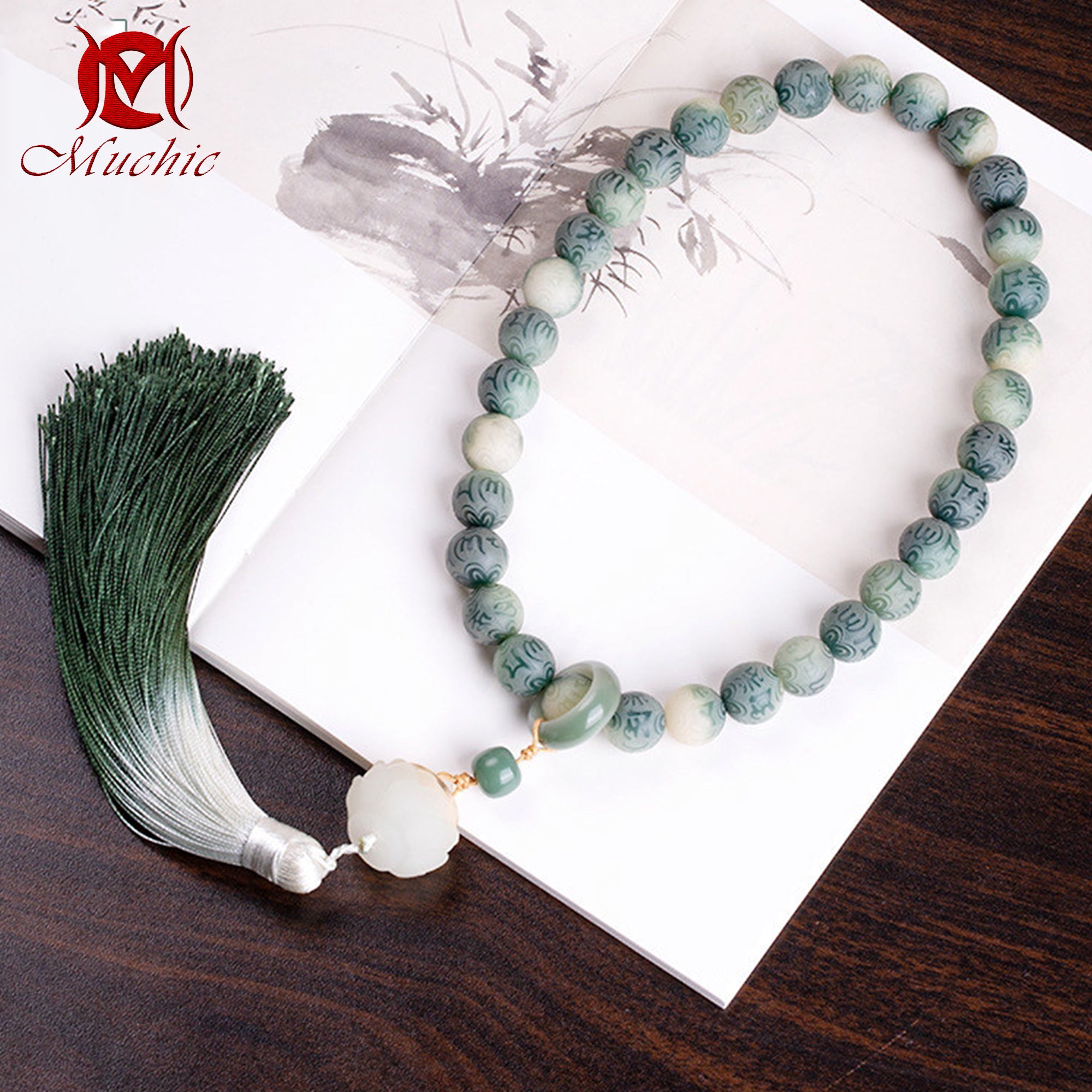 Intangible Cultural Heritage White jade Bodhi six-character mantra rosary for men and women carefully crafted by Chinese craftsmen(duty free)