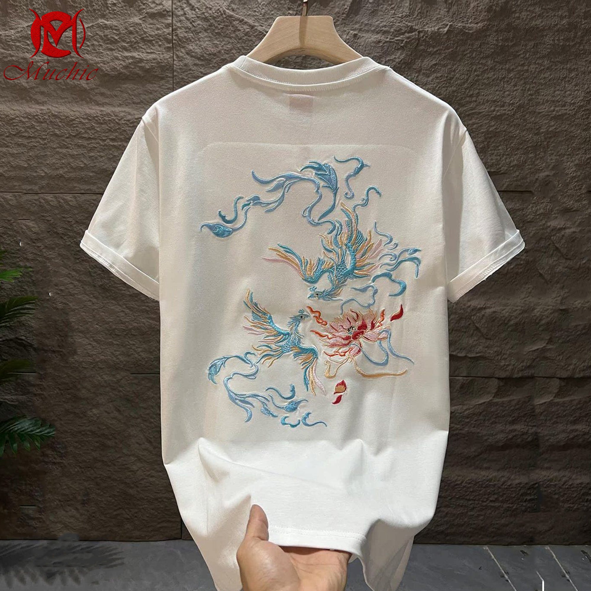Unisex Intangible Cultural Heritage Double Phoenix Lotus Embroidery Print T-shirt (Hand Embroidery) (Duty Free)