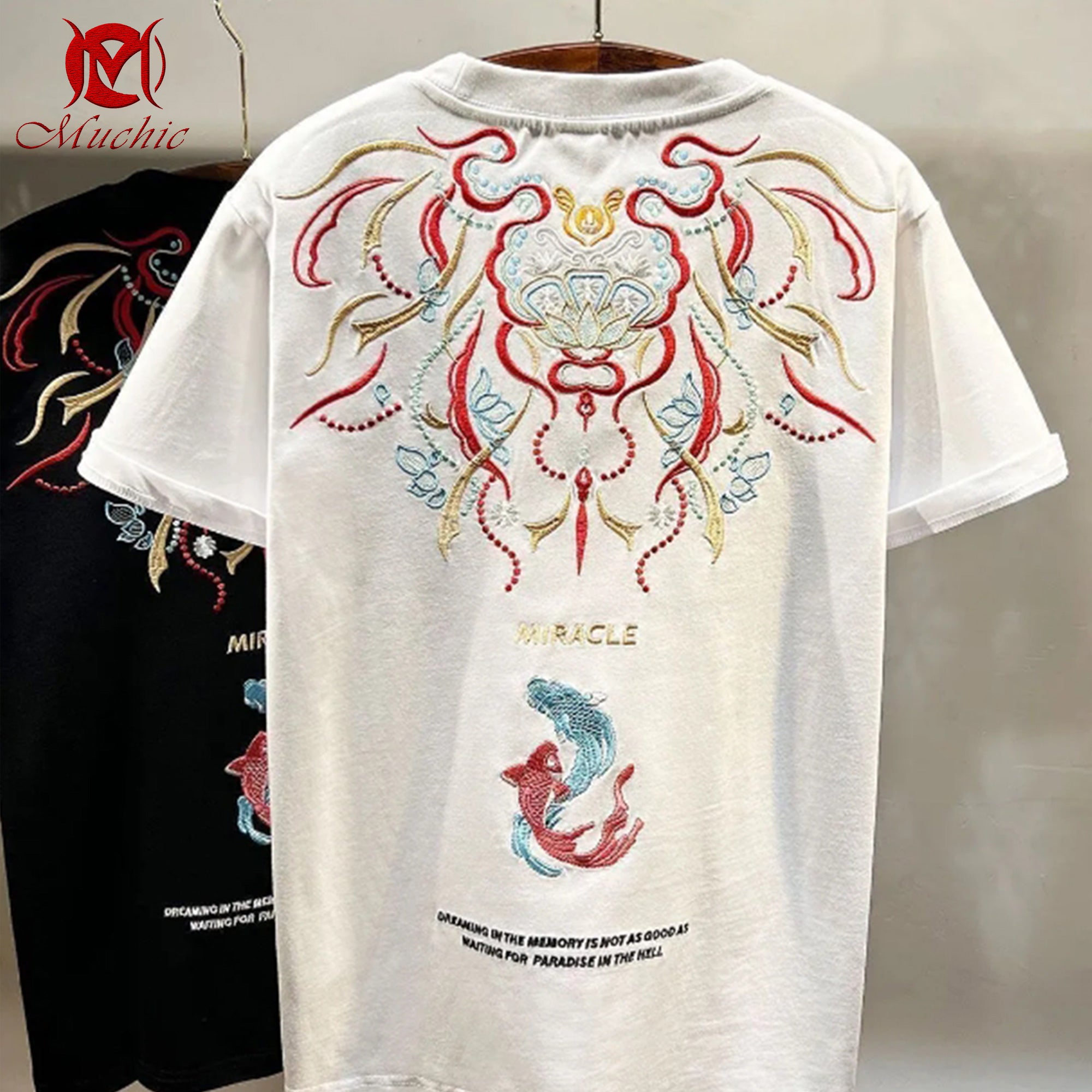 Unisex Intangible Cultural Heritage Double Goldfish Lotus Embroidered T-shirt(Hand Embroidery) (Duty Free)