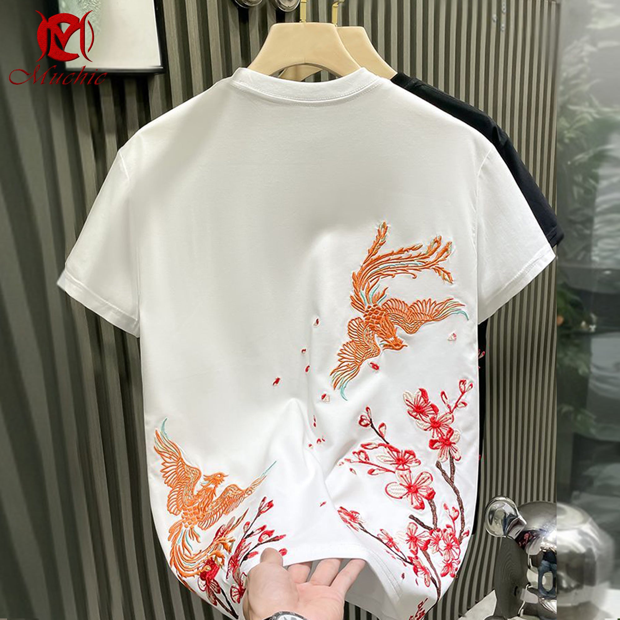 Unisex Intangible Cultural Heritage Double Phoenix Plum Blossom Embroidered T-shirt (Hand-embroidered) (Duty Free)