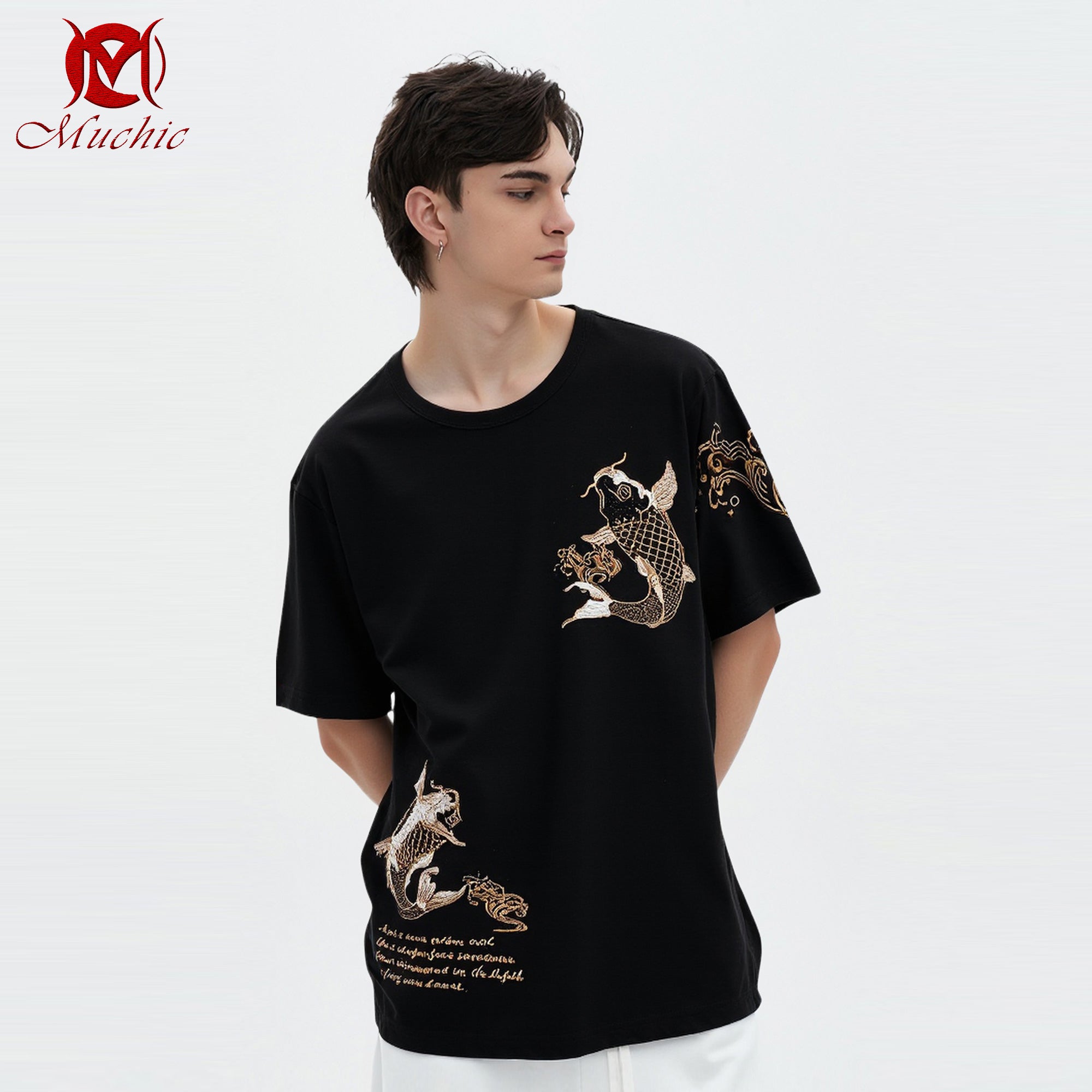 Unisex Intangible Cultural Heritage Twin Koi Embroidery T-shirt (Hand Embroidery) (Duty Free)