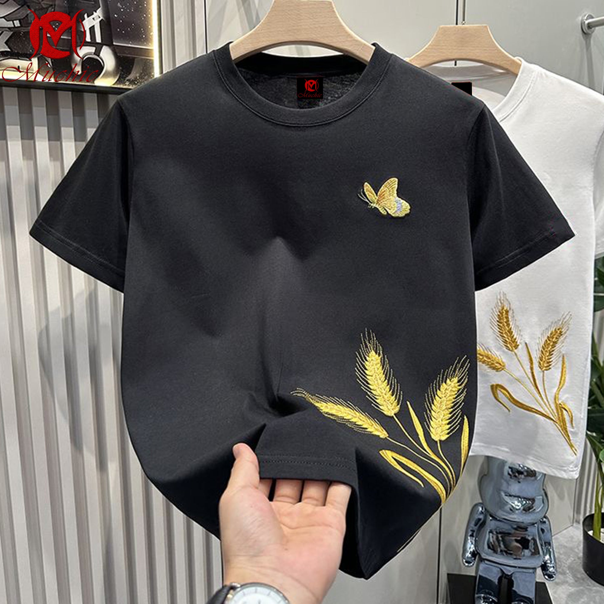 Unisex Intangible Cultural Heritage Wheat Pattern Embroidery Print T-shirt (Hand Embroidery) (Duty Free)