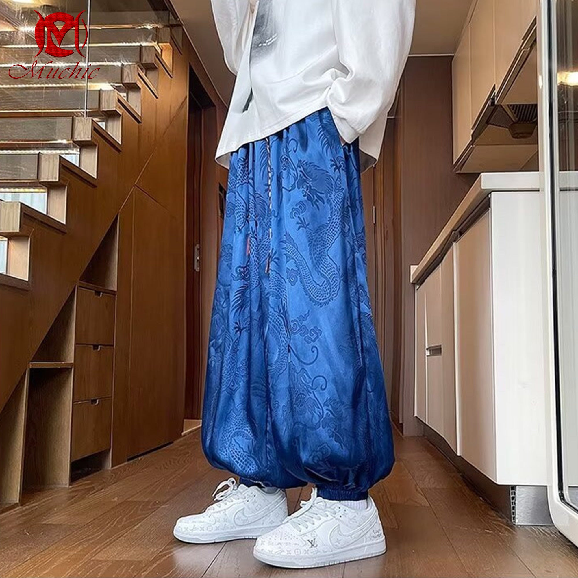 Dragon pattern casual loose trendy Chinese style lantern cuff wide-leg men's pants(Hand Embroidered) (Duty Free)
