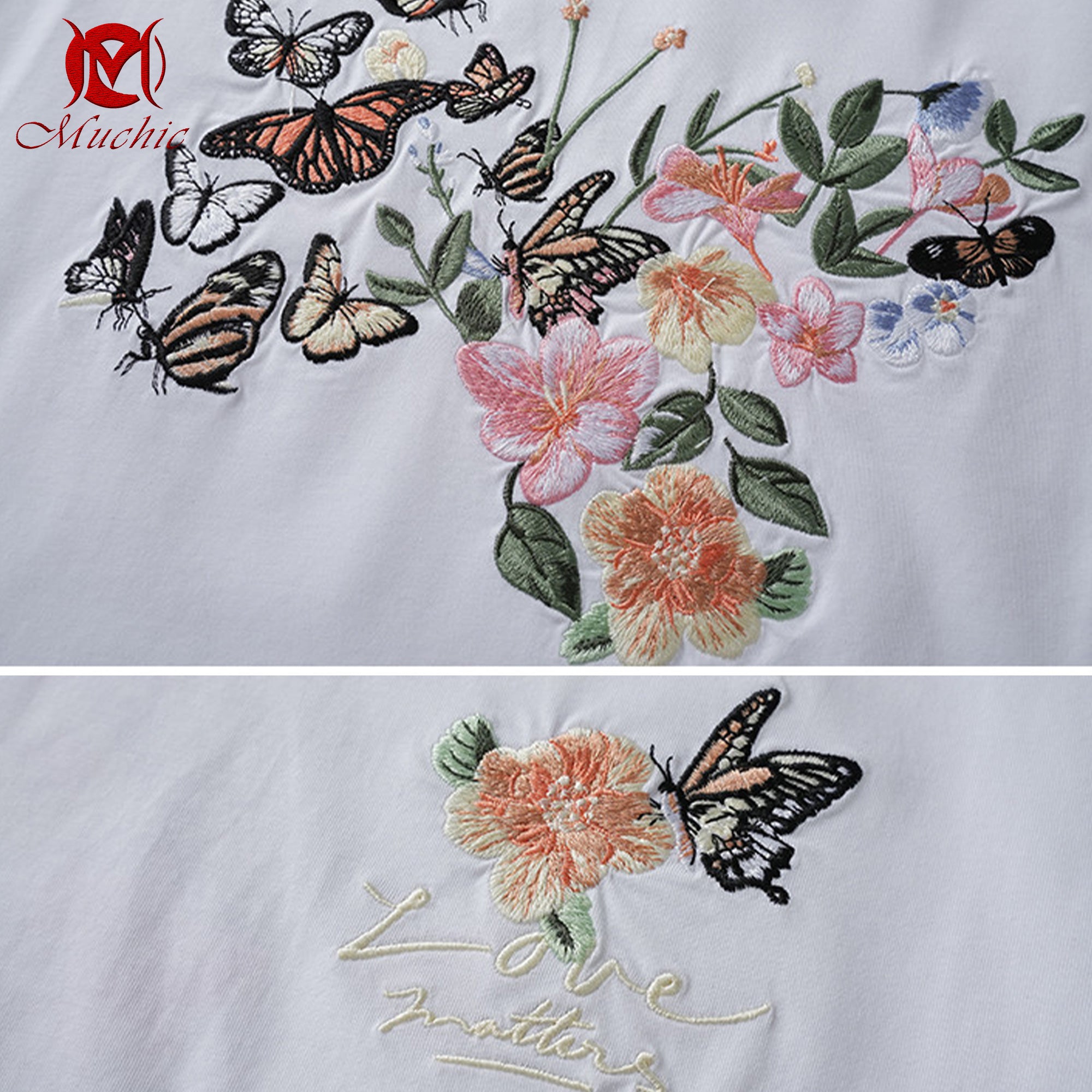Unisex Intangible Cultural Heritage Flower and Butterfly Embroidered T-shirt(Hand Embroidered) (Duty Free)