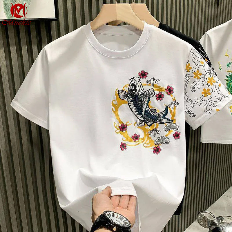 Unisex Intangible Cultural Heritage Koi Carp Embroidery T-shirt(Hand Embroidered) (Duty Free)