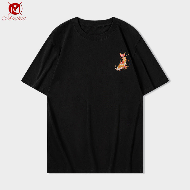 Unisex Intangible Cultural Heritage Koi Carp Embroidery T-shirt(Hand Embroidered) (Duty Free)
