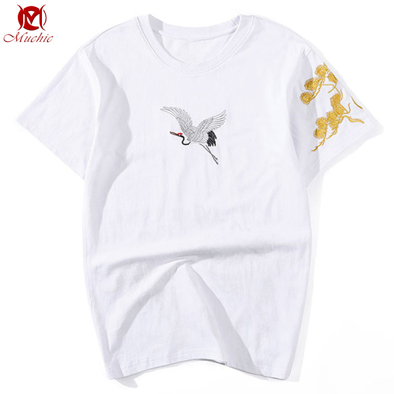 Unisex Intangible Cultural Heritage Red-Crowned Crane Embroidery T-shirt(Hand Embroidered) (Duty Free)