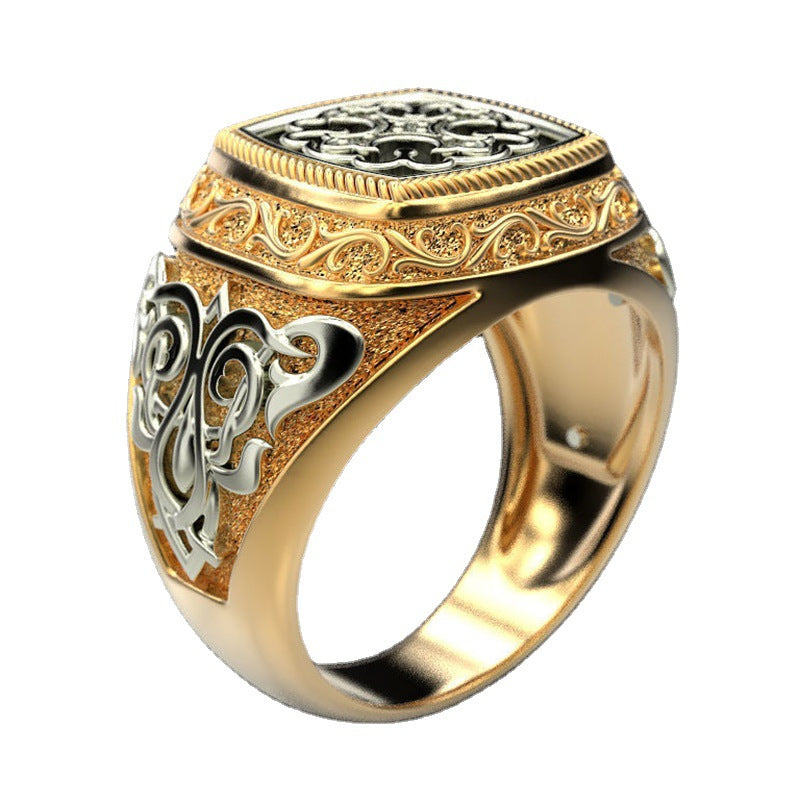 Bold Vintage Signet Ring – Engraved Gold & Black Steel