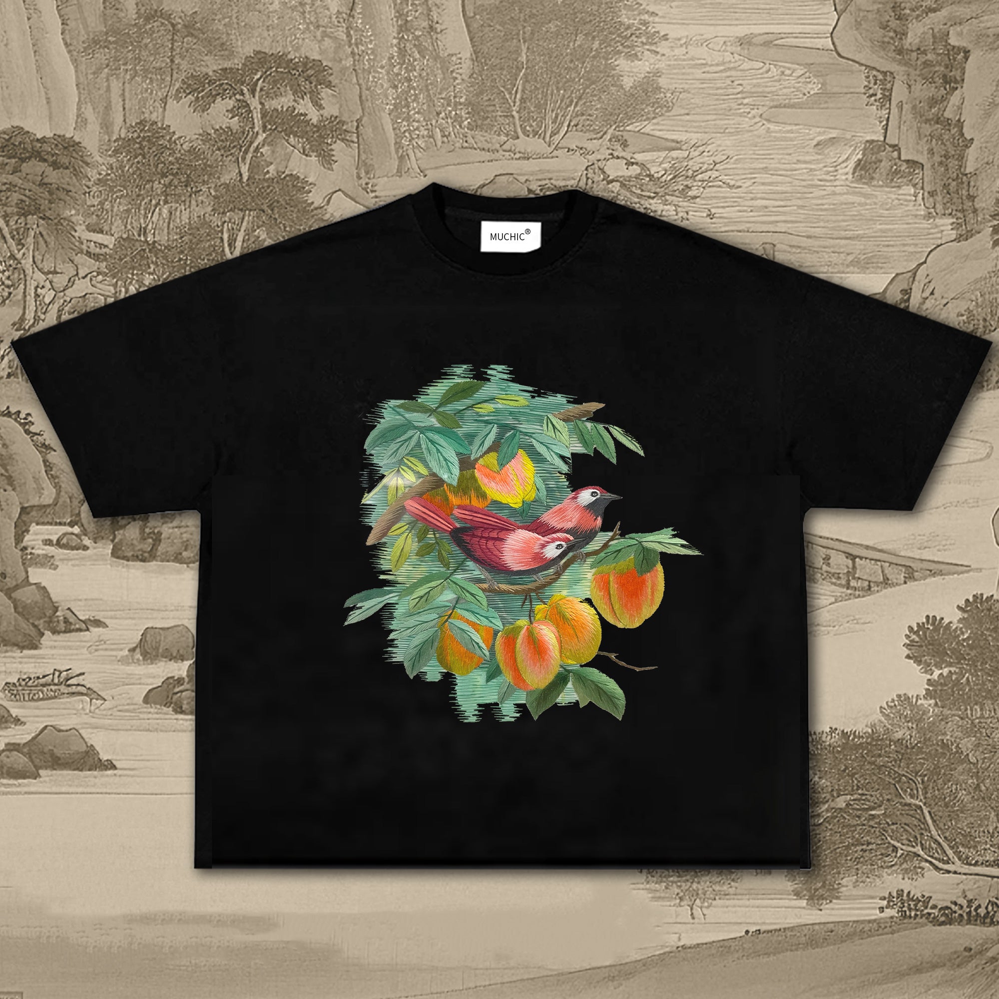 Unisex Intangible Cultural Heritage Flower and Bird Pattern Embroidered T-shirt(hand embroidery)(duty free)