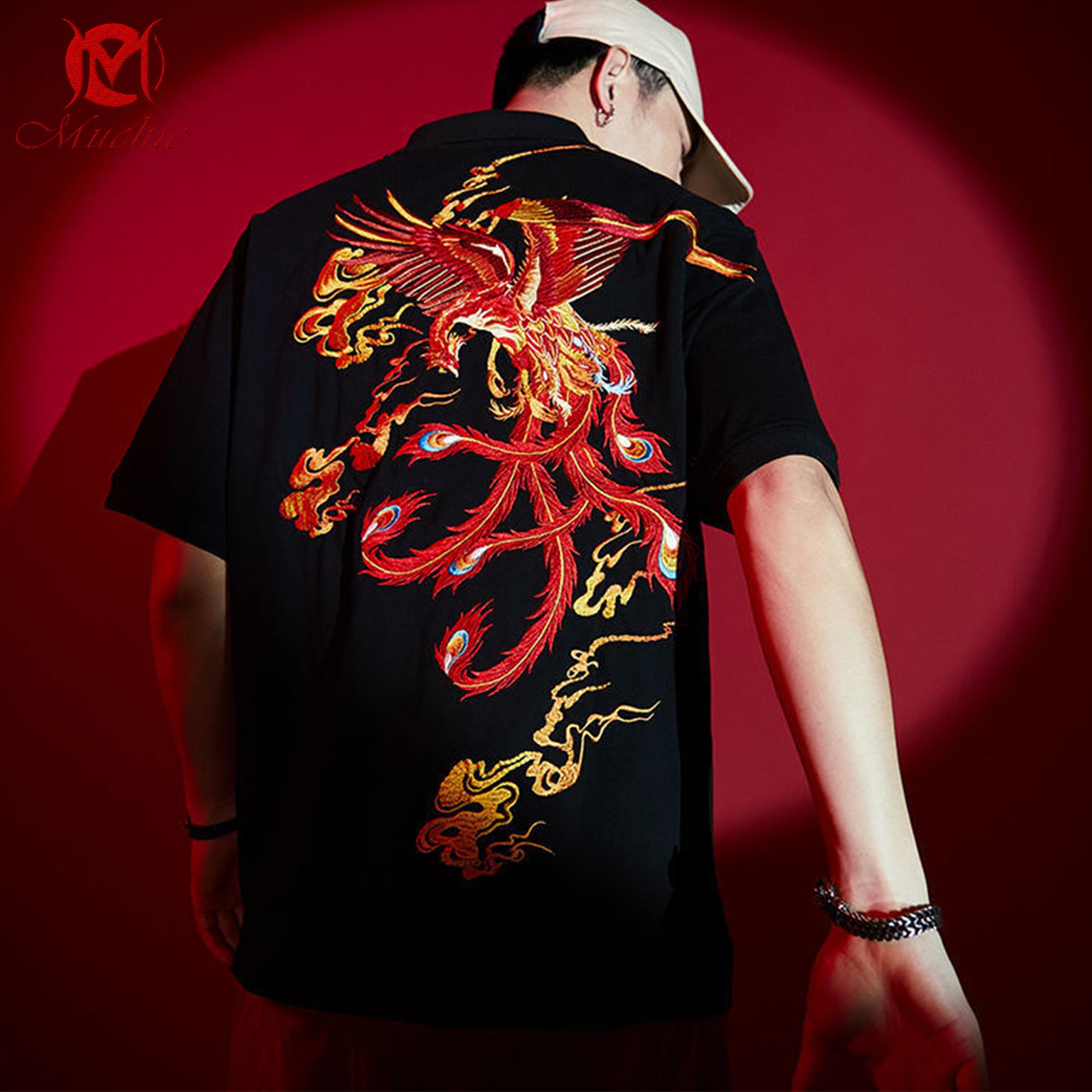 Unisex Intangible Cultural Heritage Fire Phoenix Pattern Embroidered T-shirt (Hand Embroidery) (Duty Free)