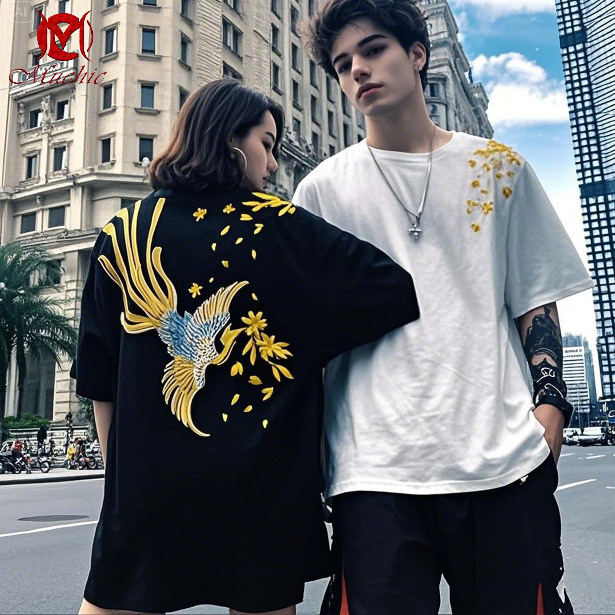 Unisex Intangible Cultural Heritage Phoenix Embroidered T-shirt(Hand Embroidery) (Duty Free)