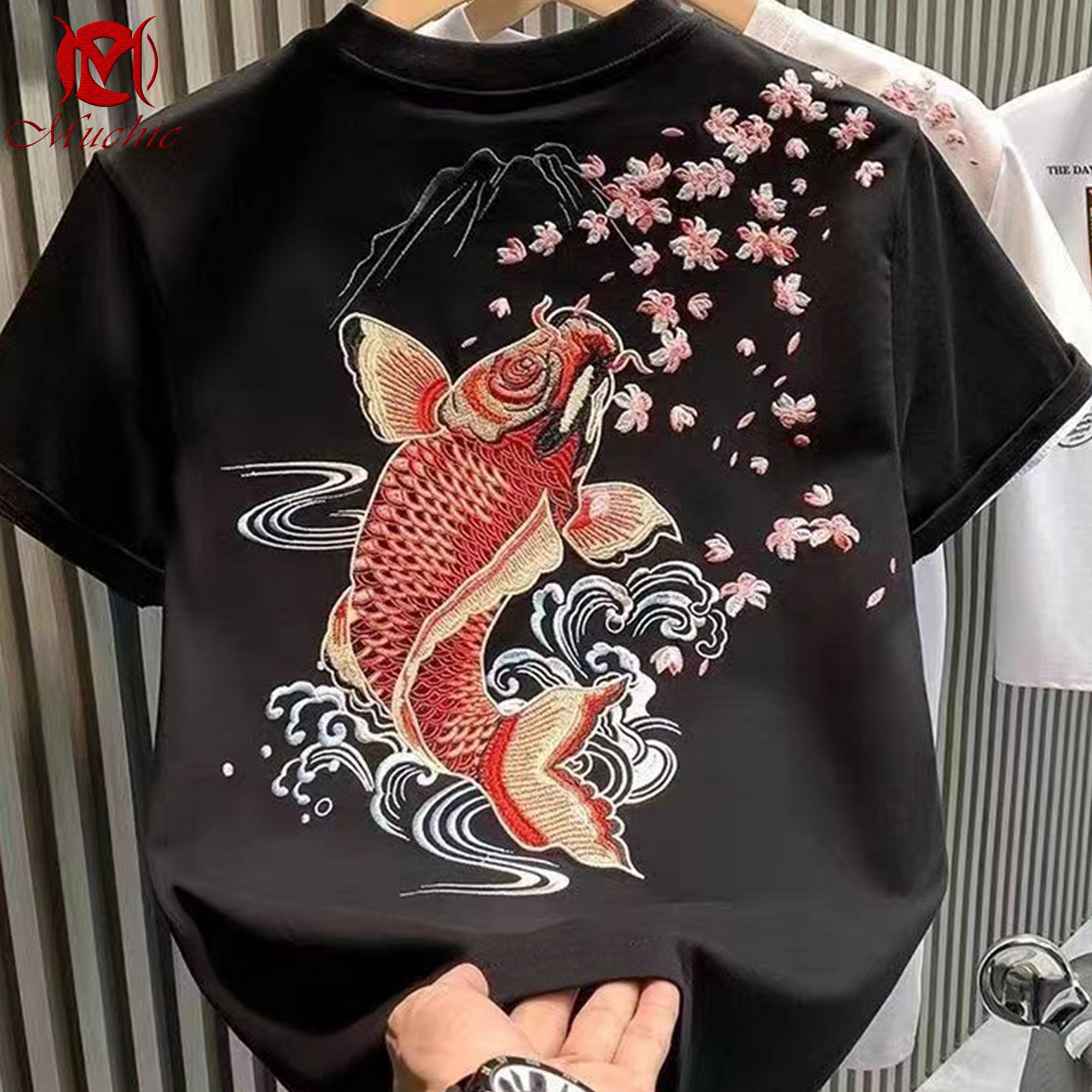 Unisex Intangible Cultural Heritage Goldfish and Cherry Blossom Embroidered T-shirt (Hand-embroidered) (Duty Free)
