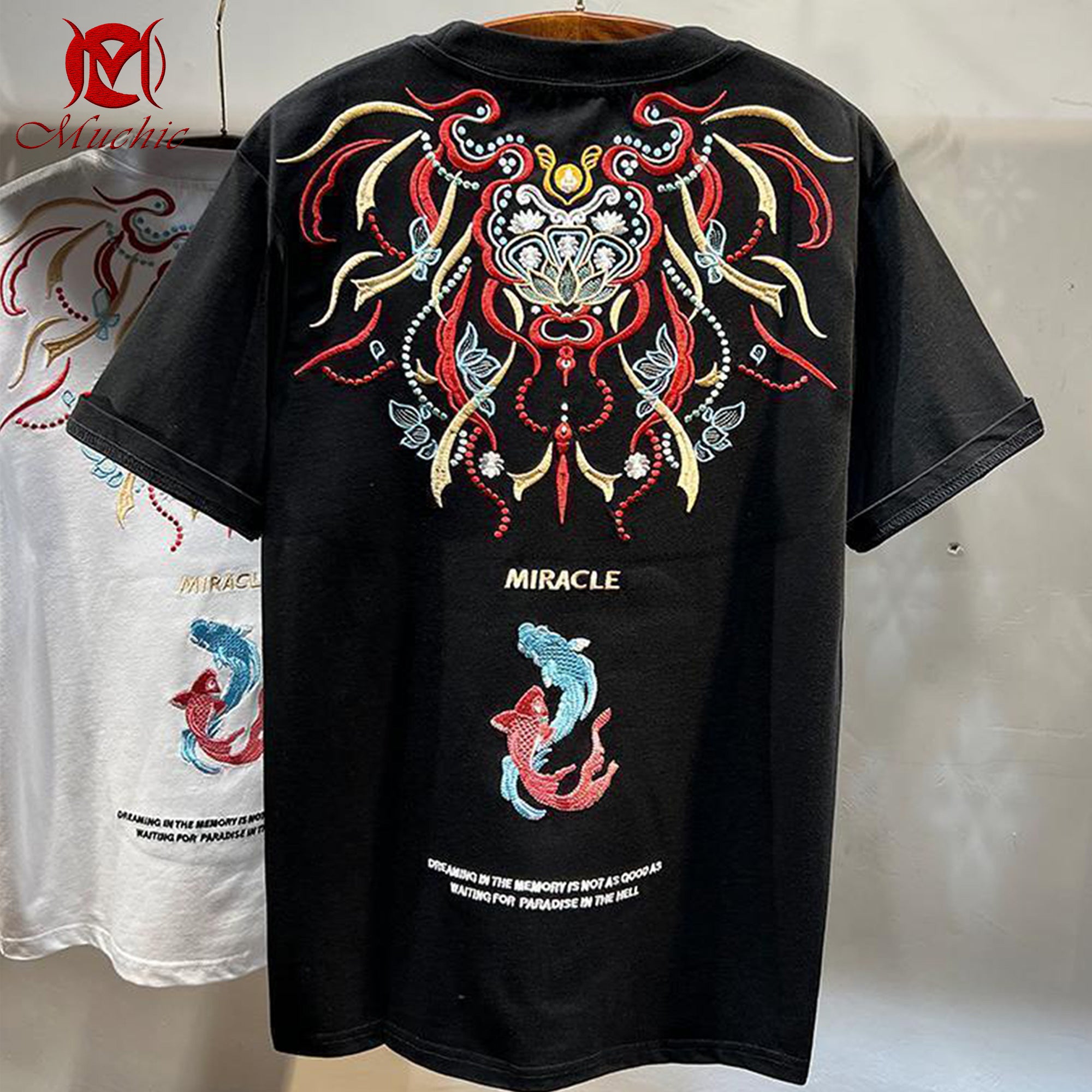 Unisex Intangible Cultural Heritage Double Goldfish Lotus Embroidered T-shirt(Hand Embroidery) (Duty Free)